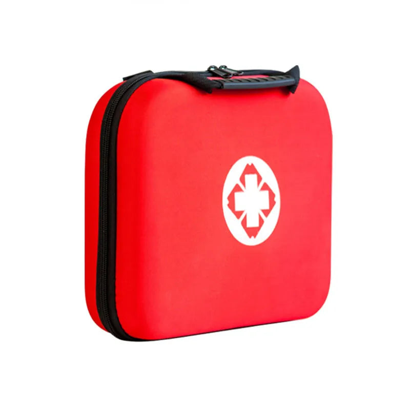 Red first aid kit with a white cross symbol on a white background