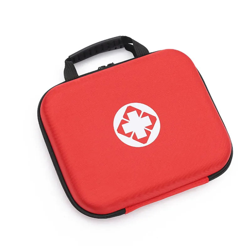 Red first aid kit with a white emergency symbol on a white background