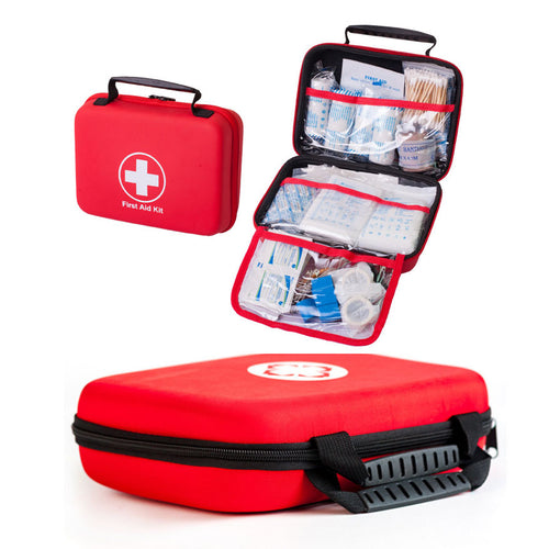 Red first aid kit with open lid showing contents on a white background