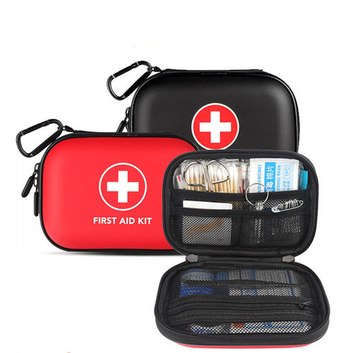 First aid kit with red and black case on a white background