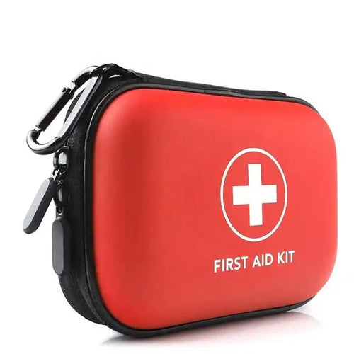 Red first aid kit with a white cross symbol on a white background